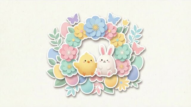 Pastel easter wreath with chick and bunny. Spring floral decoration collage with egg, flower, butterfly. Cute paper cut holiday design.