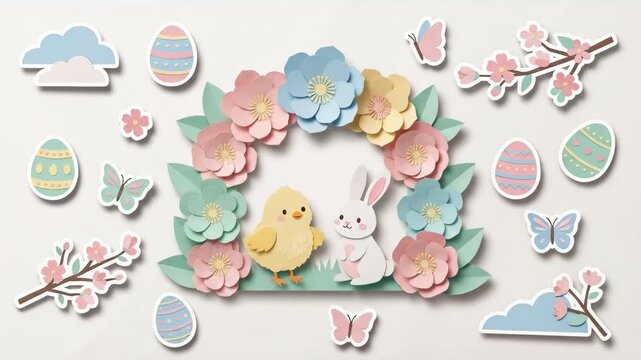 Cute spring chick and rabbit sitting in paper flower wreath surrounded by easter eggs, butterflies, and clouds for holiday card design