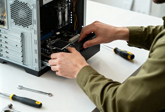 A technician's hands installing a hardware component in a desktop computer. Man building a custom PC during maintenance and repair service.