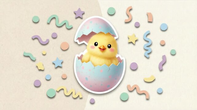 Cute chick hatching from pastel spotted egg surrounded by colorful confetti, for Easter greeting card design.