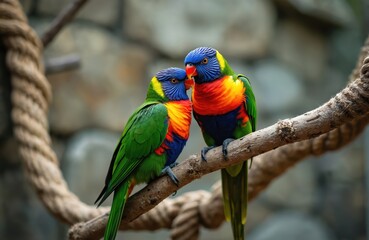 Naklejka premium Two colorful parrots perch closely on branch. Vibrant green, blue, red, yellow plumage stands out against natural, blurred background. Appear to interacting, with one bird nuzzling. Image could used