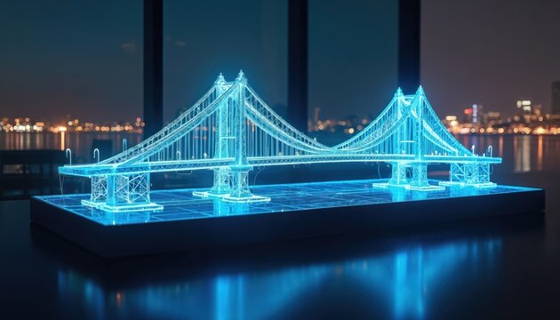 Holographic bridge model glows blue light on table. Digital architecture design for city construction, futuristic tech planning, engineering project concept. Modern infrastructure blueprint on dark