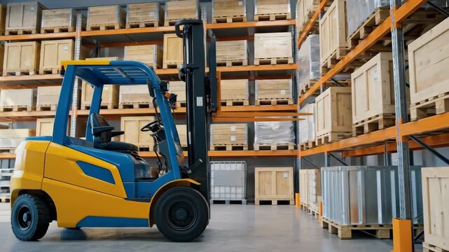 Warehouse operator driving forklift to lift and place pallet on shelf. Industrial logistics sequence animating material handling in storage facility for efficient inventory management.