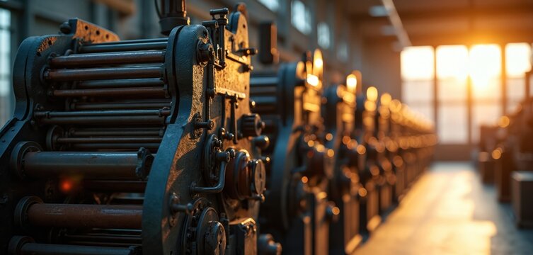 Vintage printing press machines line up in workshop. Industrial equipment glows with warm sunset light. Old machinery for letterpress and offset printing inside factory.