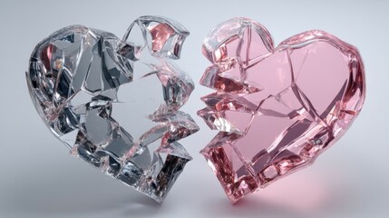 Fototapeta premium Shattered pink and clear crystal hearts on gray background.