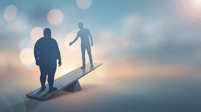 A silhouette of a person reaching out to help a person with obesity on a balanced seesaw. Symbolic imagery for World Obesity Day concept, background, focusing on support and health balance.