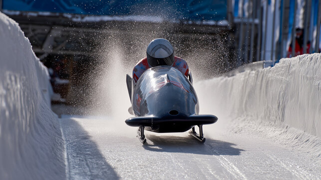 A helmeted bobsledder sits in a bobsled and races down an icy track.