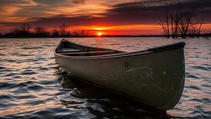 Fototapeta premium Olive green military surplus canoe adrift on calm lake waters during a vibrant sunset