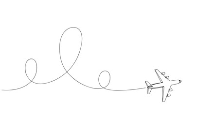 A classic one line continuous art drawing of an airplane making loops and traveling through the air