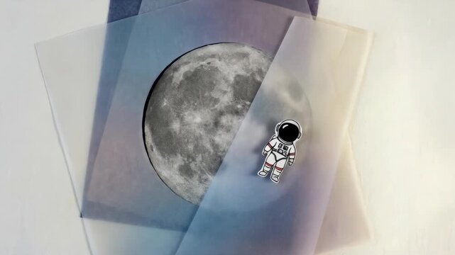 Astronaut figure on translucent paper overlaying moon image, creating dynamic collage. Space travel and exploration concept.