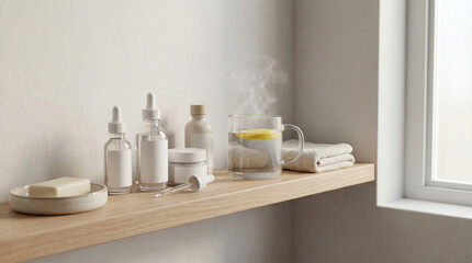 Fototapeta premium Glass pitcher with steaming water and lemon on marble countertop alongside white towels and skincare products. The serene arrangement includes natural elements and clean aesthetics,