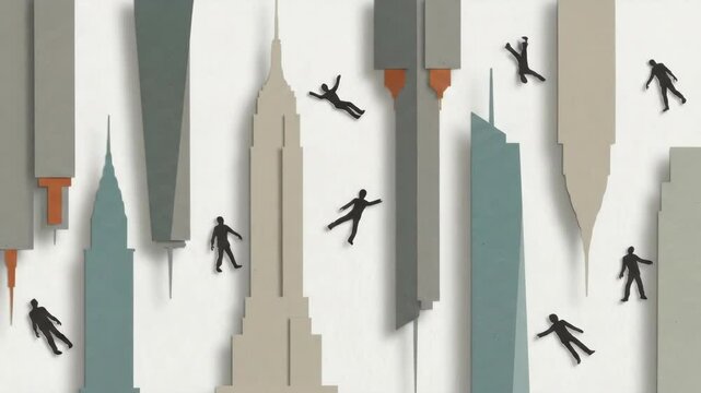 Paper cut city apocalypse with falling people. Conceptual art of urban disaster or zombie outbreak in a modern metropolis.