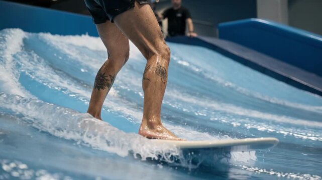 Closeup of a beginner practicing basic stance on an indoor wave simulator with the operator watching closely out of focus.
