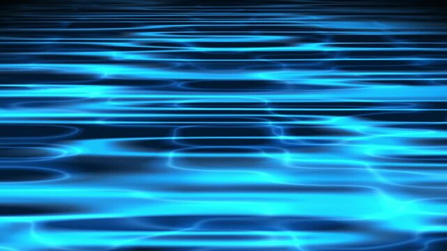 Abstract blue light waves flowing horizontally, futuristic digital water surface with glowing lines, seamless motion background for technology and sci-fi visuals.