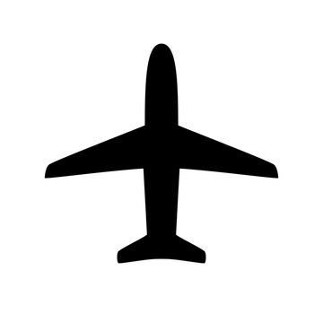 Airplane icon. Logo airplanes for design travel print. Black silhouette isolated on white background. Top down view of plane. Airplain flight. Shape aeroplane. Airport air plane. Vector illustration