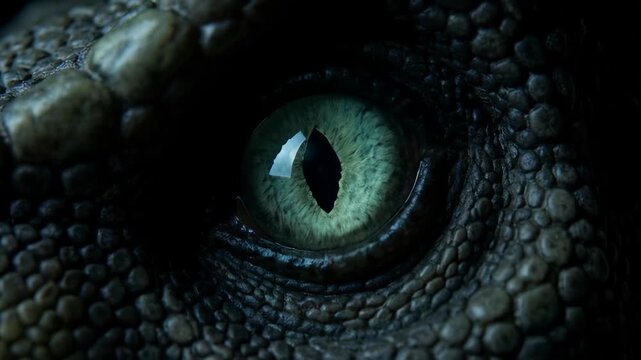 Dinosaur eye blinking sequence in close up in the dark. Reptile skin texture. Creature movement animation.