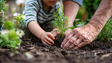 Fototapeta premium Child and elder planting a young plant in a garden on a sunny day