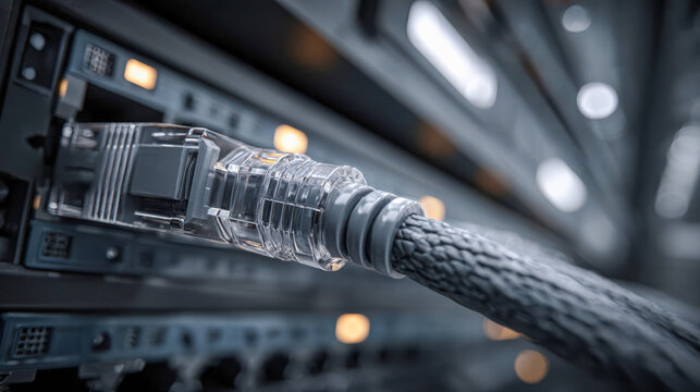 Data cable connects to network device in a data center at night