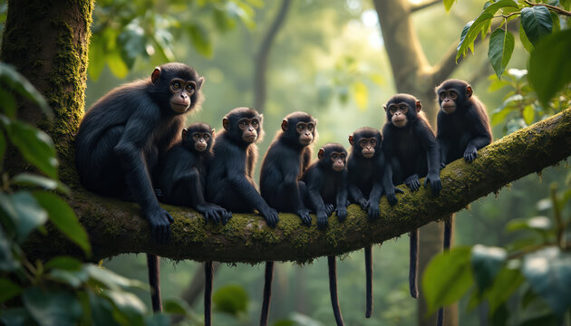Family group of black monkeys rests on mossy tree branch in lush green forest. Young and adult primates watch intently, tails hanging down, in their natural jungle habitat.