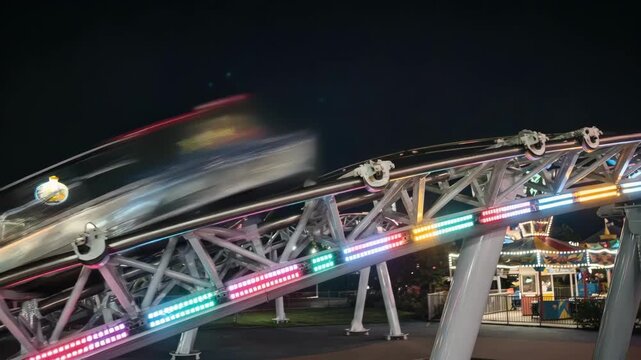 Closeup medium shot of dynamic LED track lighting on a coaster segment highlighting pulsing strobe effects synced precisely with train movement.