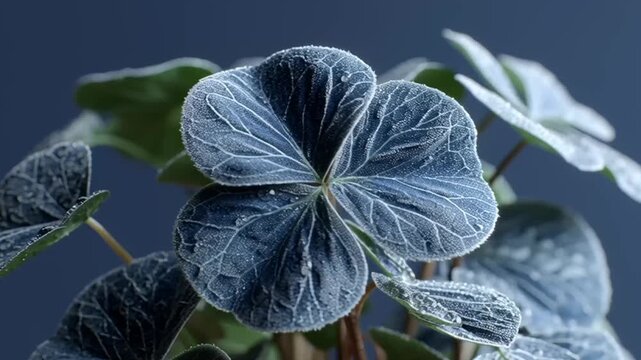 A video showcasing a unique frosty plant with four-leaf clover-like leaves in a dark setting