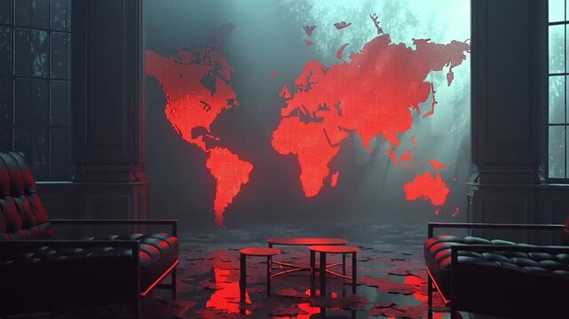 A dramatic video depicting a dark room with red glowing maps of the world on the wall and two chairs facing each other in a tense atmosphere.