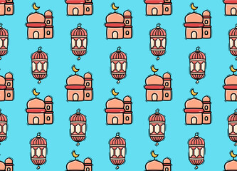 Bright Islamic pattern with mosques and lanterns in pink and blue on a turquoise background.