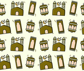 Seamless pattern with cartoon mosques, prayer mats, and lanterns in a flat doodle style.