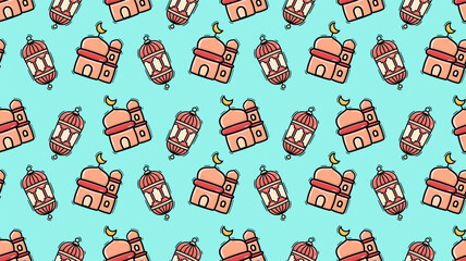 Charming Islamic pattern with pink mosques and pink lanterns on a bright blue background.