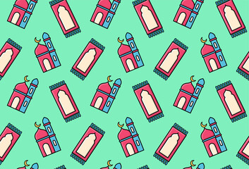 Cute Islamic background pattern with pink mosques and prayer mats on a mint green surface.