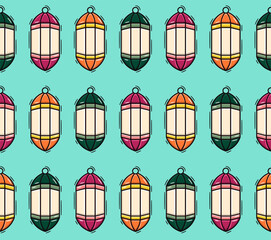 Colorful pattern of hanging Islamic lanterns in vibrant shades on a teal background.