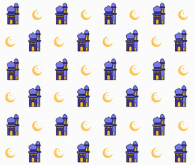 Pattern of blue mosques and yellow crescent moons on a clean white background.