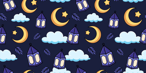 Night sky Islamic pattern with purple lanterns, moons, and clouds on navy blue.