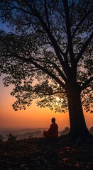 Man sitting under a tree at sunset in a serene natural landscape scenery
