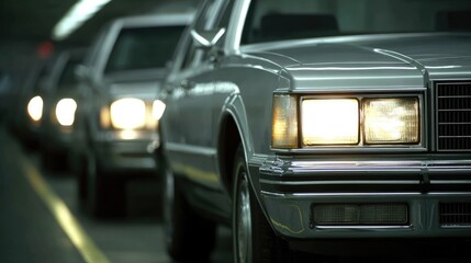 Classic Vintage Cars with Headlights in Underground Tunnel Scene