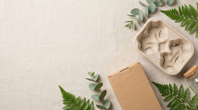 Eco friendly packaging cardboard box tray pulp leaf fern eucalyptus linen background flat lay with copy space, natural botanical decor for sustainable shipping, retail presentation, recycling