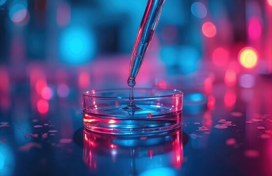 Pipette drops liquid into petri dish with pink and blue lab lights. Scientist does experiment with sample for research. Medical research, science, health.