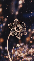 Golden Line Art Daffodil Flower with Sparkling Stars on Dark Night Background for Elegant St Davids Day Welsh Floral Symbol and Magic
