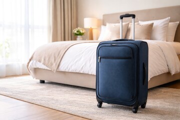 Obraz na płótnie Canvas Modern travel suitcase standing in cozy hotel bedroom, vacation and business trip accommodation concept