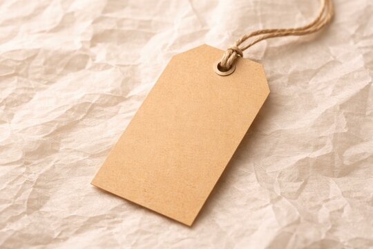 Blank kraft paper tag with string on textured background, label mockup for branding and packaging design