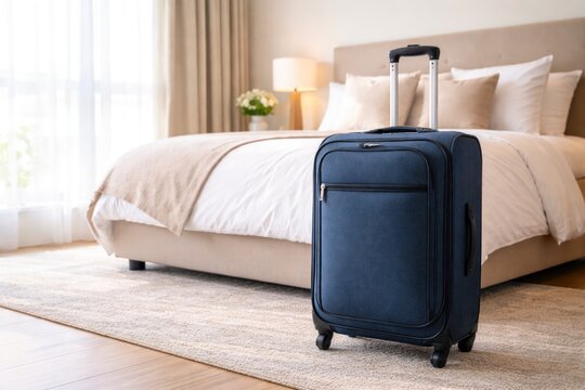 Modern travel suitcase standing in cozy hotel bedroom, vacation and business trip accommodation concept
