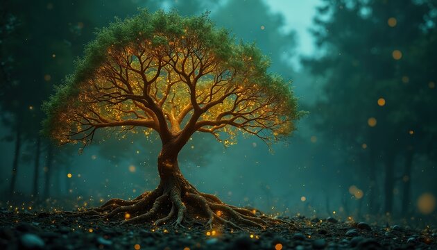 Magical tree with glowing lights and exposed roots in dark forest. Fantasy nature scene with bokeh sparks and mystical atmosphere. Deep woodland glow at night.