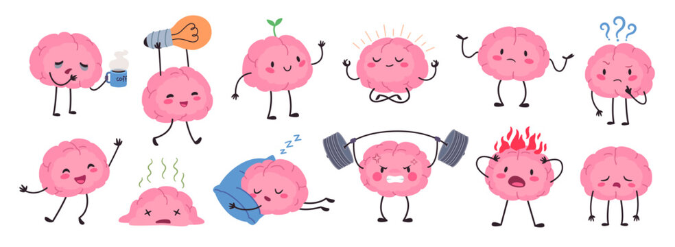 Brain mascot character poses. Cute cartoon sleepy mind, mental health and problems, meditation and exercise, brain rot. Education symbol vector set