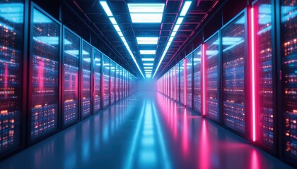 Obraz premium Rows of computer servers in data center. Digital information storage with blinking lights. Network equipment hallway with blue and pink neon glow.