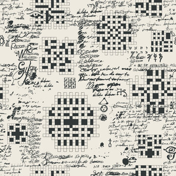 Grunge Seamless pattern with crosswords, occult symbols, formulas and text lorem ipsum. Ancient engravings, manuscript pages. Fabric, wallpaper, cover, wrapping paper. Book endpaper. No ai