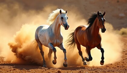 Obraz premium Two horses, one white and one brown, race across a dusty desert. Their manes and tails stream behind them as they kick up sand in their powerful, dynamic movement, conveying wild freedom.