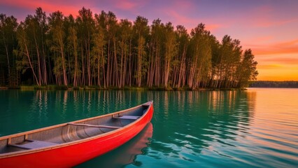 Obraz premium A solitary red canoe floats on a calm, shimmering lake surrounded by a dense forest at sunset.