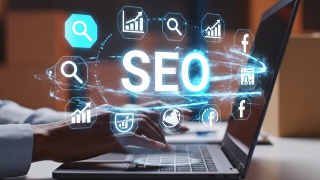 Person typing on laptop with seo icons and symbols surrounding the screen, representing search engine optimization and digital marketing