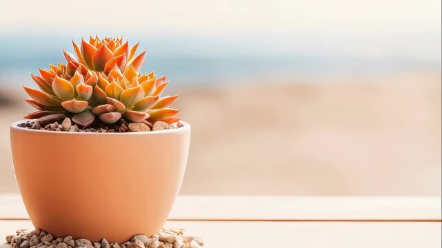 Orange succulent plant in a pot on a white wooden table with blurred outdoor background