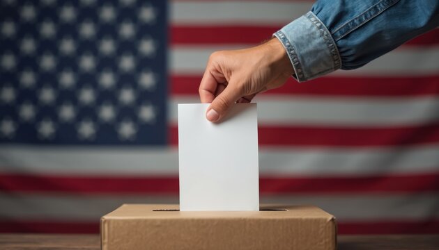 Man hand inserts blank ballot into voting box. American flag backdrop symbolizes nation democratic process. Civic duty in action, citizen votes.
